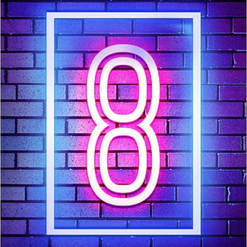 Neon Pink and Blue Number 8 Sign